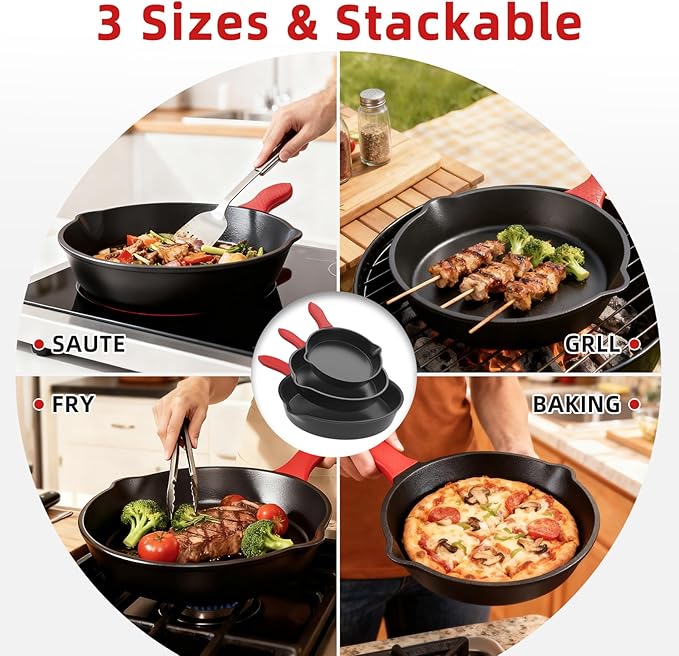 3 piece set, cookware set 6, 8, 10 Inches, for frying, saute, cooking, pizza & more, easy use in the oven, stove, grill, or campfire, black, with silicone heat-resistant cover