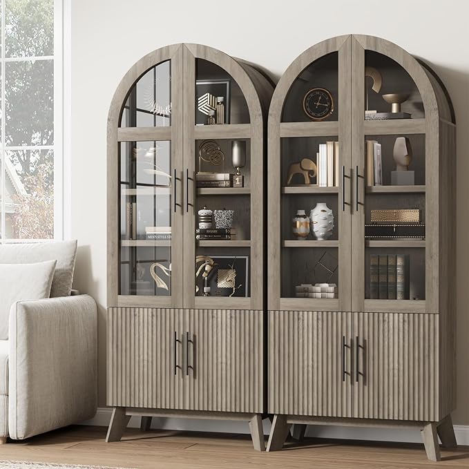 QUW 71" Tall Arched Kitchen Pantry Cabinet, Modern Fluted Display Cabinet with Glass Door & Adjustable Shelves, Storage Cabinet for Kitchen, Living Room, Dining Room, Bathroom, Grey
