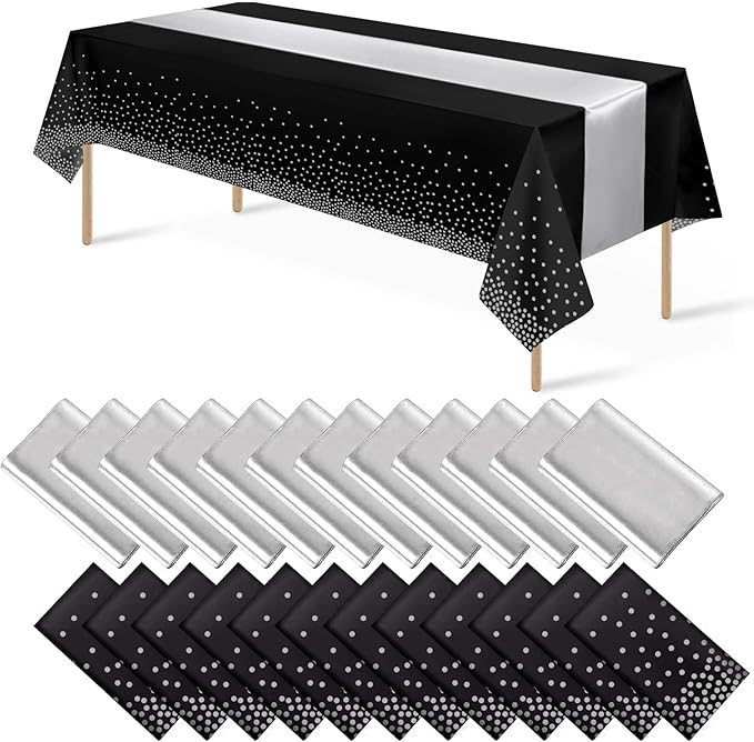 24Pack Disposable Plastic Tablecloths and Satin Table Runner Set Black and Silver Dot Tablecloth Silver Satin Table Runner for Wedding Birthday Baby Shower Anniversary Christmas New Year Party Supply