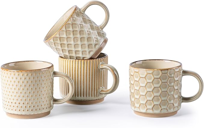 GBhome 8OZ Stackable Coffee Mugs, Ceramic Coffee Mugs with Texture Patterns for Man,Woman,Dad,Mom, Modern Coffee Cups Set of 4 for Espresso/Cappuccino. Dishwasher&Microwave Safe
