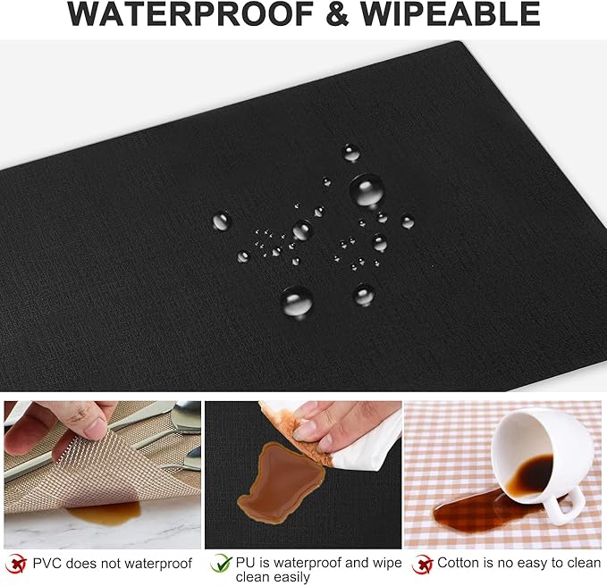 LANDVIEW Leather Heat Resistant Placemats Set of 6 Waterproof Wipeable Washable PU Table Mats,Easy to Clean Anti-Slip Place Mats (Black, 6)