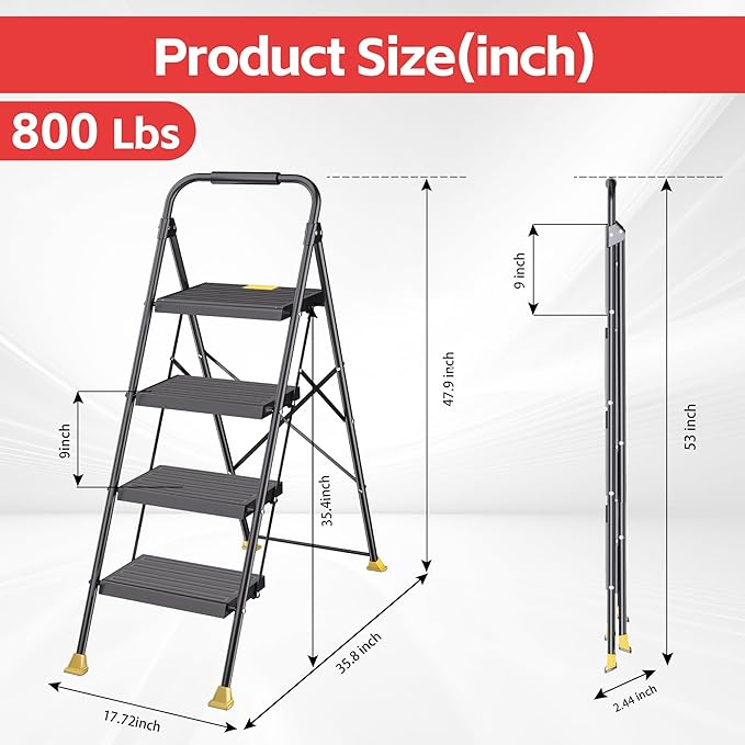 Step Ladder Foldable Folding Stool - for Home Adults Kitchen 4 Stepping Extension Tall Heavy Duty with Handrails - Closet Stepstool Stair Ladders Extendable Stepladder for Indoor House 800Lbs