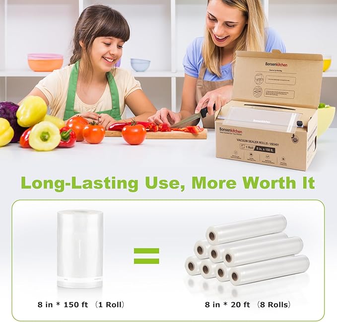 [2025 New] Bonsenkitchen 8??x 150??Vacuum Sealer Bags Rolls with Cutter for Food Storage, Commercial Grade, BPA Free, Great for Meal Prep and Sous Vide Cooking