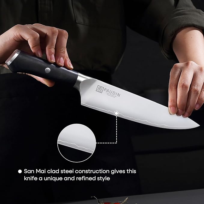 PAUDIN Chef Knife, 8 Inch High Carbon Steel Kitchen Knife, Professional Chefs Knife with Ergonomic Wooden Handle, Ultra Sharp Knife for Meat Vegetable Cutting