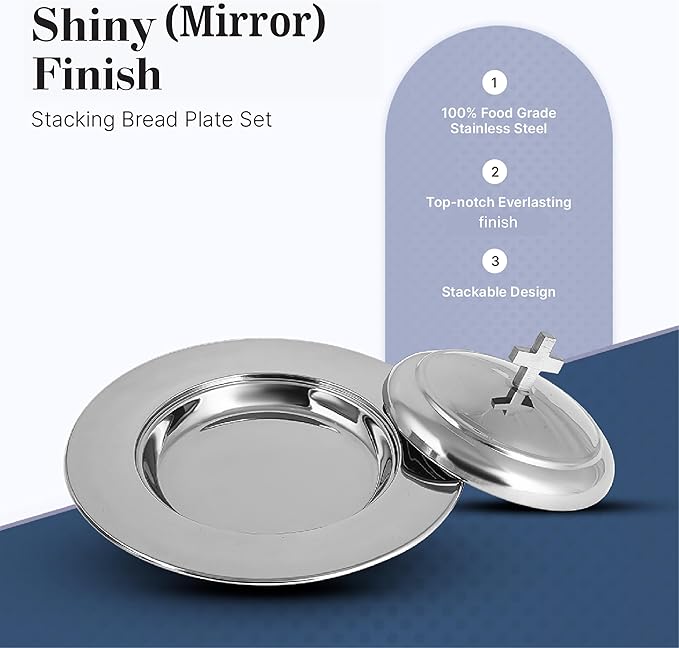 Communion Ware Holy Stacking Bread Plate With A Lid - Stainless Steel (Mirror/Silver)