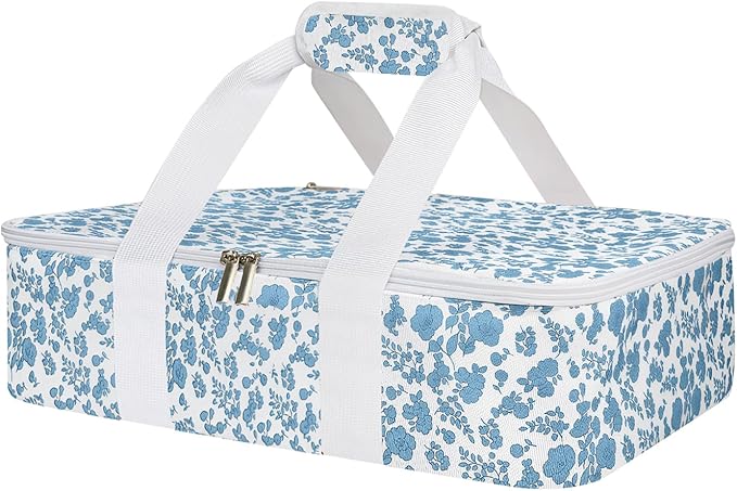Insulated Casserole Carrier for Hot or Cold Food, Lasagna Lugger Tote Warmer or Cooler Bag, Casserole Dish Carrier for Potluck Parties, Picnic and Cookout, Fits 9"x13" Baking Dish(Blue Floral)