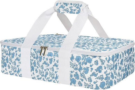 Insulated Casserole Carrier for Hot or Cold Food, Lasagna Lugger Tote Warmer or Cooler Bag, Casserole Dish Carrier for Potluck Parties, Picnic and Cookout, Fits 9"x13" Baking Dish(Blue Floral)
