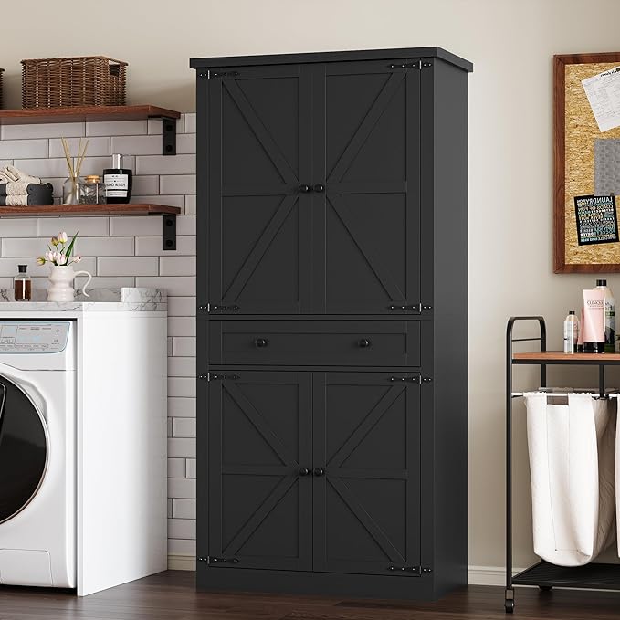 Pantry Organizers and Storage Cabinet, 70??Barn Door White Kitchen Cabinet with Drawers and Adjustable Shelf, Tall Pantry for Kitchen, Dining Room, Living Room Bedroom