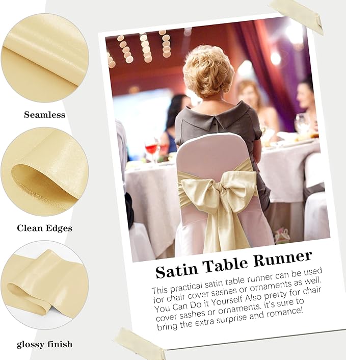Yblut 10 Pack Satin Table Runner 12 x 108 Inch Long Champagne Silk Table Runner for Wedding Party Banquet Birthday Decoration