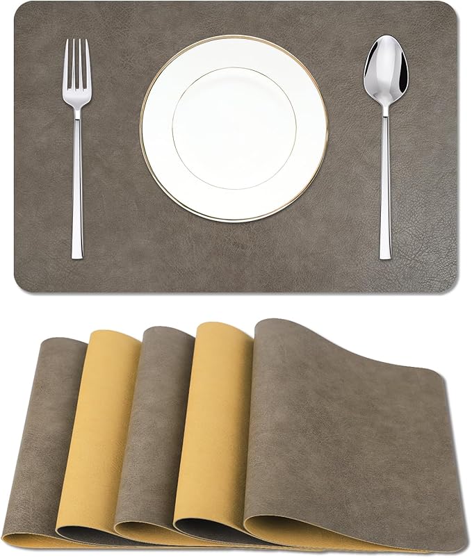 EDanle Cowhide Pattern Faux Leather Placemats Set of 6,Heat Resistant Non-Slip Waterproof Wipeable Washable Kitchen Dining PU Table Place Mats,Double-Sides Available,Grey Yellow