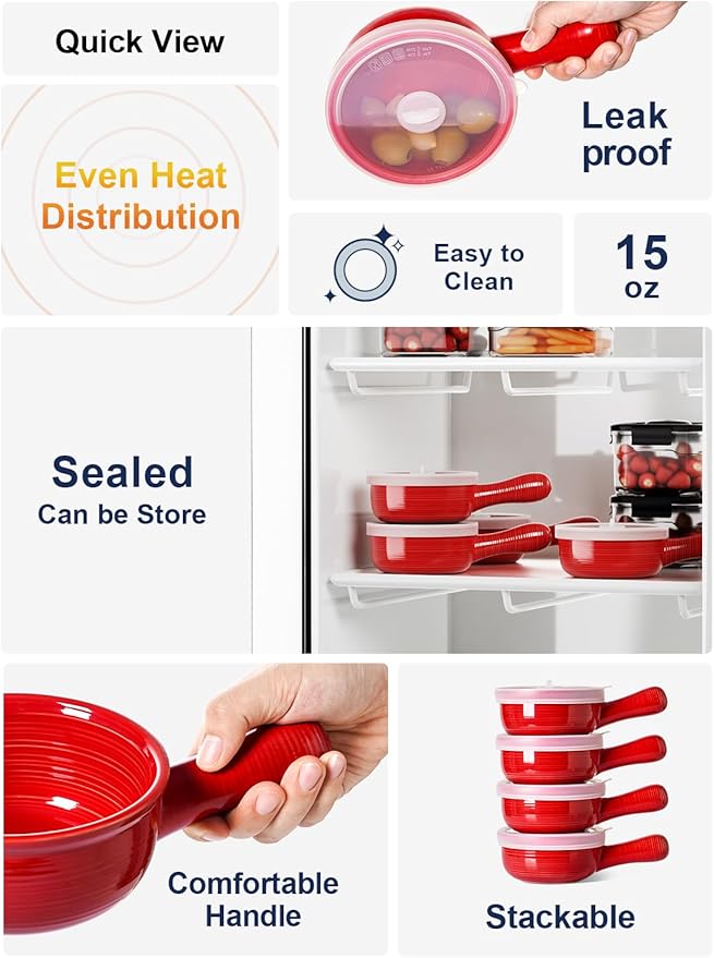 LE TAUCI Soup Bowls with Silicone Lids and Handles, 15 Oz French Onion Soup Bowls, Non-Toxic Ceramic Soup Crocks for Noodles, Stew, Cereal and Chilli, Oven Microwave Dishwasher Safe, Set of 4, Red