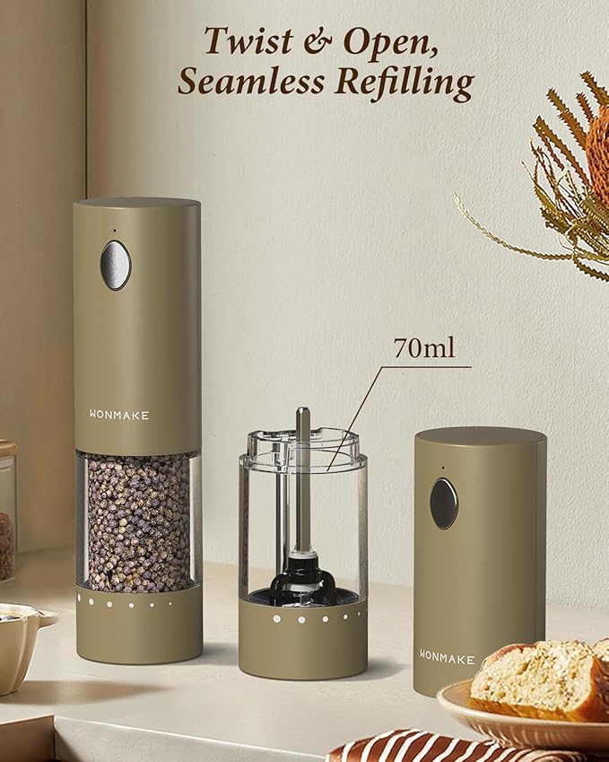 Electric Salt and Pepper Grinder Set - Automatic Refillable Salt and Pepper Grinders with Charging Base & LED Light, 6-Level Adjustable Coarseness with External Dial, Ideal Kitchen Gadget竊똁rown