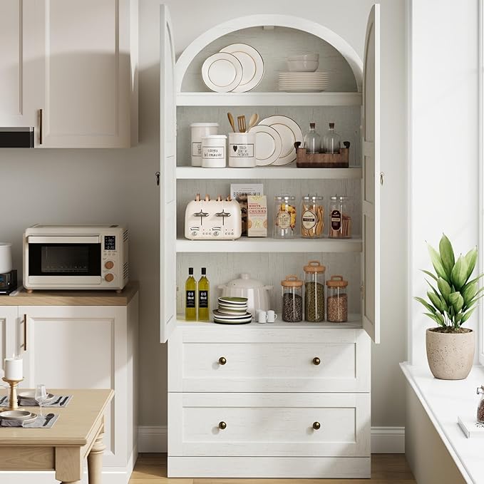GAOMON 72" Arched Kitchen Pantry Cabinet, Wooden Freestanding Storage Cupboard with Doors, Drawers & Adjustable Shelves, Versatile Farmhouse Pantry for Dining and Living Room, Rustic White