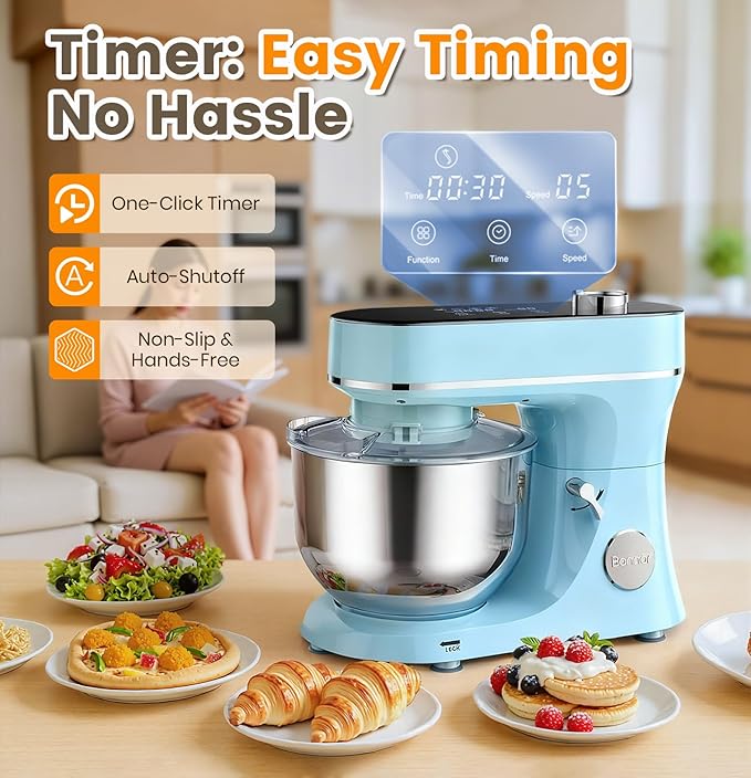 Stand Mixer 6QT Kitchen Mixer with LED Smart Touchscreen, 11-Speed Tilt-Head Mixer with Timer, 4 Preset Menus, Stainless Steel Bowl, Dough Hook, Whisk, Beater,Blue