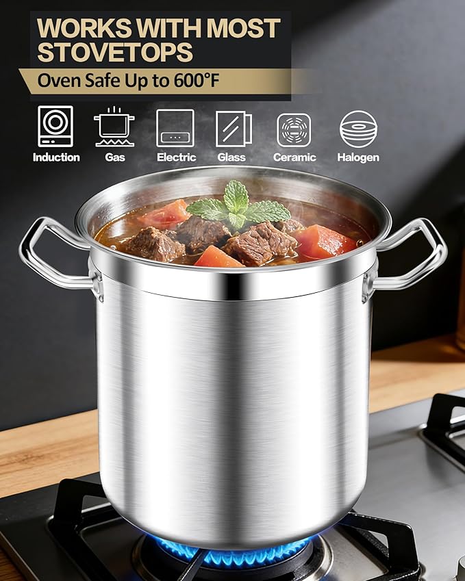 50 Quart Stainless Steel Stock Pot with Lid ??Heavy Duty Cooking Pot for Soup, Commercial Soup Pots, 3-Ply Induction Bottom, Oven Safe
