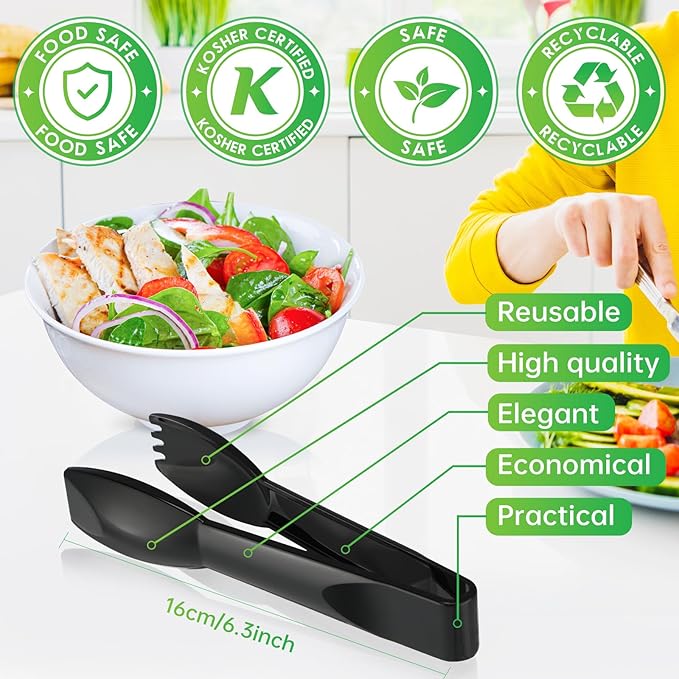 Patelai 12 Pcs 6 Inch Utility Tong Plastic Serving Tongs Bulk Scalloped Serving Utensils Charcuterie Accessories Heavy Duty Tongs for Cooking Appetizers Food Catering Dinner Party (Black)