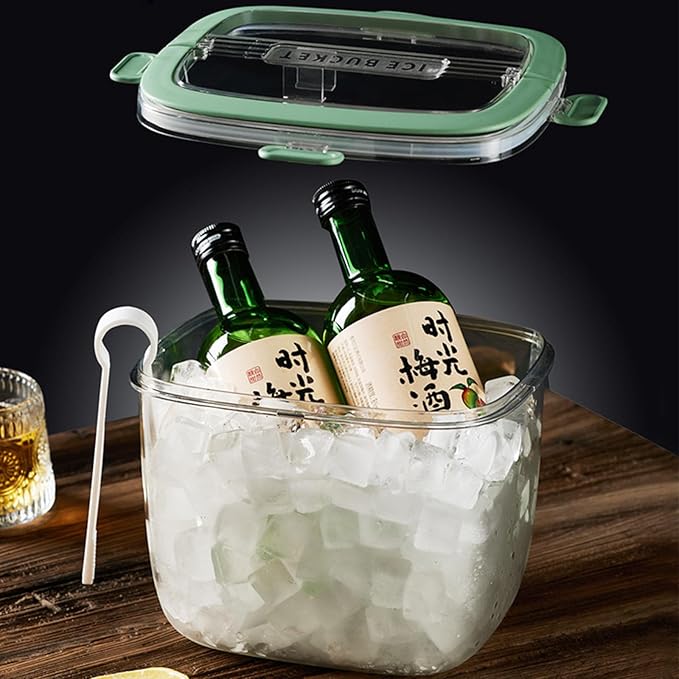 Portable Ice Bucket with Lid & Tong for Outdoor Camping, Clear Plastic Storage Bin for Freezer, Refrigerator, Whiskey, Wine, Cocktail Party, Big Cube Mold Tray for Ice Bath