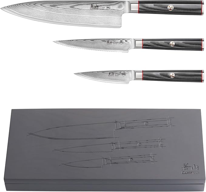 Cangshan YARI Series Starter Knife Set With Ash Wood Box, X-7 Damascus Steel (3-Piece)