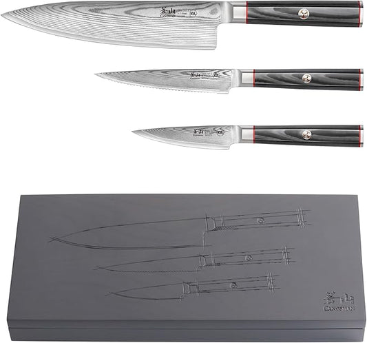 Cangshan YARI Series Starter Knife Set With Ash Wood Box, X-7 Damascus Steel (3-Piece)