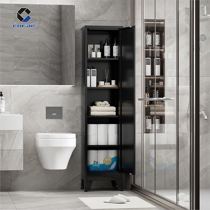 COFaR 67'' Tall Slim Bathroom Storage Cabinet, Metal Narrow Bathroom Cabinet with 4 Adjustable Shelves and One Door, Skinny Cabinet Storage for Kitchen Laundry, Black Farmhouse 5 Tiers