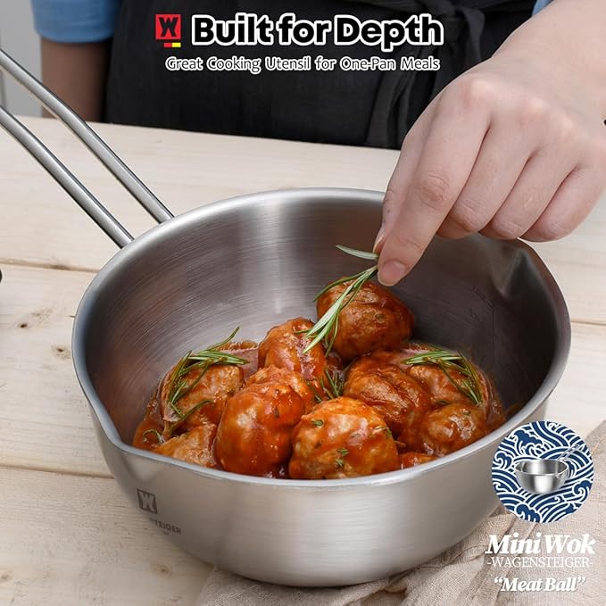 Stainless Steel Baby Wok 200mm / 7.87inches, 3-Ply Base with Aluminum Core, All Cooktops, Multipurpose Saucepan, Ramen Pot, On-the-go Cooking Pot for Outdoor or Camping
