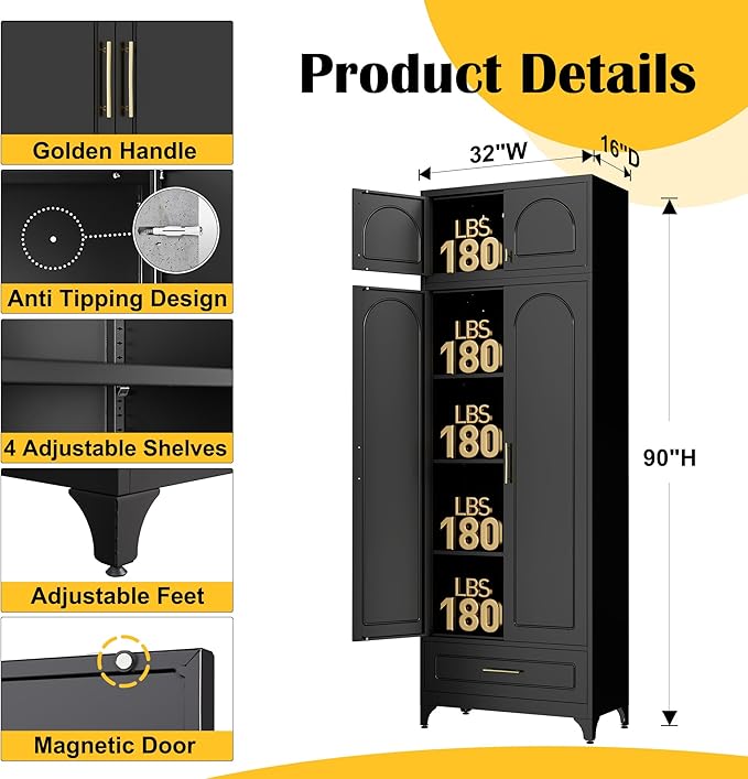 Kitchen Pantry Cabinet竊?0" Storage Cabinets with Doors and Shelves,Metal Pantry Cabinet with Drawers,White Kitchen Cupboard for Livingroom,Pantry, Bathroom
