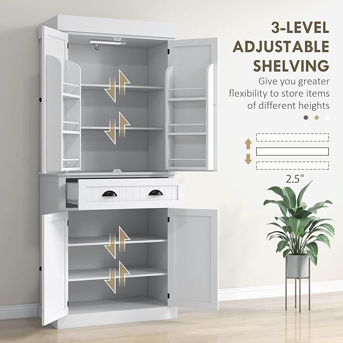 HOMCOM 71" Kitchen Pantry Cabinet with LED Motion Sensor Light, Tall Storage Cabinet with 6 Door Shelves, Drawer & Adjustable Shelves, for Living & Dining Room, White