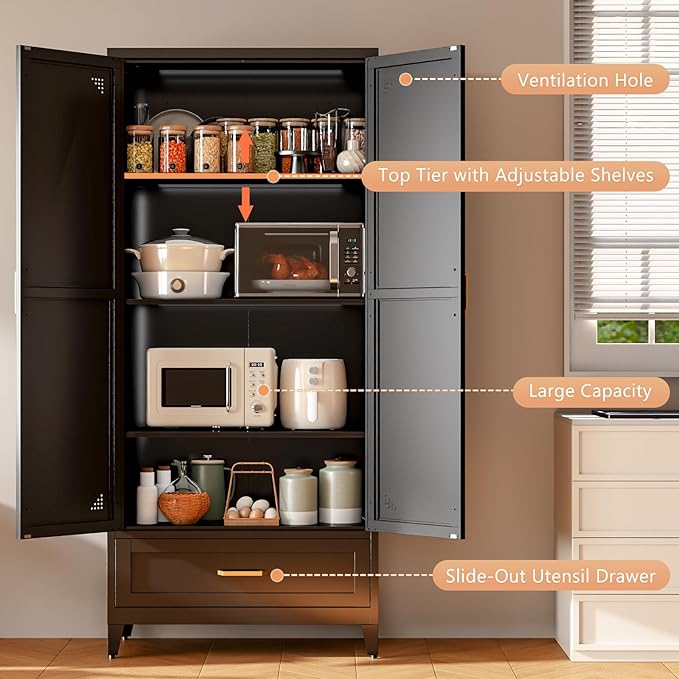 71" Black Kitchen Pantry Cabinet,4-Tier Tall Metal Storage Cabinet with Drawer,Freestanding Display Steel Cupboard for Dining Room,Living Room,Hallway,Bathroom