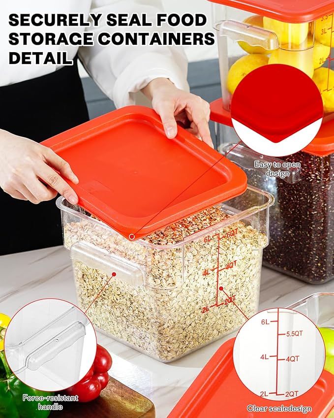2QT NSF Food Storage Containers: 6 PCS [Food Grade][Hot&Cold Resistant] Commercial Clear Square Food Storage Containers with Scales Handles for Home Restaurant Kitchen Proof Dough(BPA FREE N1)