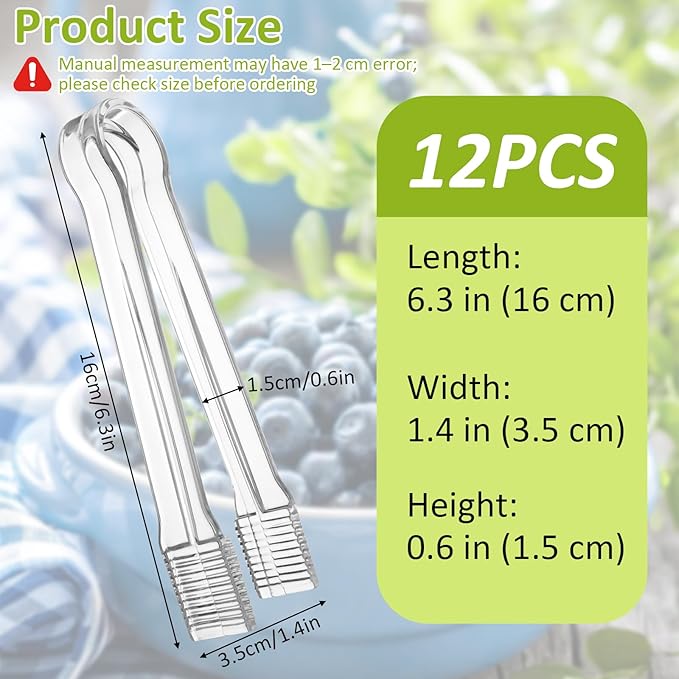 12 PCS Plastic Serving Tongs, 6.3 Inches Clear Disposable Tongs Kitchen Small Serving Utensil Tongs for Party Ice atering Buffet Bakery Salad