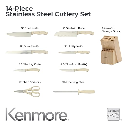 Kenmore Kane 14-Piece Stainless Steel Kitchen Knife Block Set ??Triple Rivet ABS Handles, Cream White ??Chef, Bread, Utility, Paring, Steak Knives & Kitchen Shears in Wood Storage Block