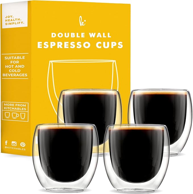 Kitchables Espresso Cups Set of 4, 2.7oz - Durable Double Walled Espresso Shot Glass - Expresso Shots Cup Compatible With Nespresso Machines - demitasse cups - Tasas De Caf챕 Expreso