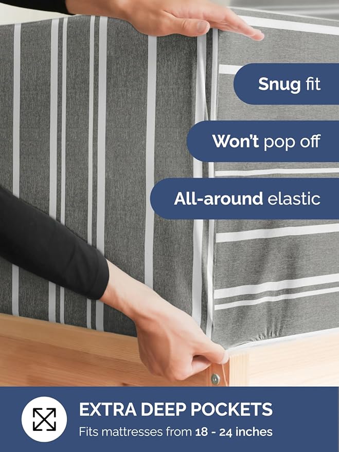 Extra Deep Pocket Twin XL Sheets - 3 Piece Breathable & Cooling Bed Sheets - Hotel Luxury Bed Sheet Set - Soft, Wrinkle Free & Comfy - Easily Fits Extra Deep Mattresses - Grey Striped Sheets Set