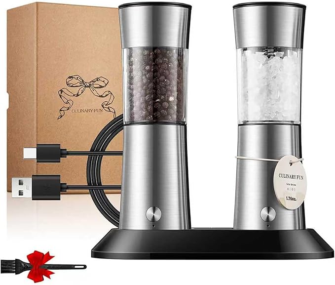 Electric Salt and Pepper Grinder Set, Gravity Operated, USB-C Rechargeable & Charging Base, Stainless Steel, Dual LED Guiding Lights, Comfortable Grip, Adjustable Coarseness, Perfect for Kitchen