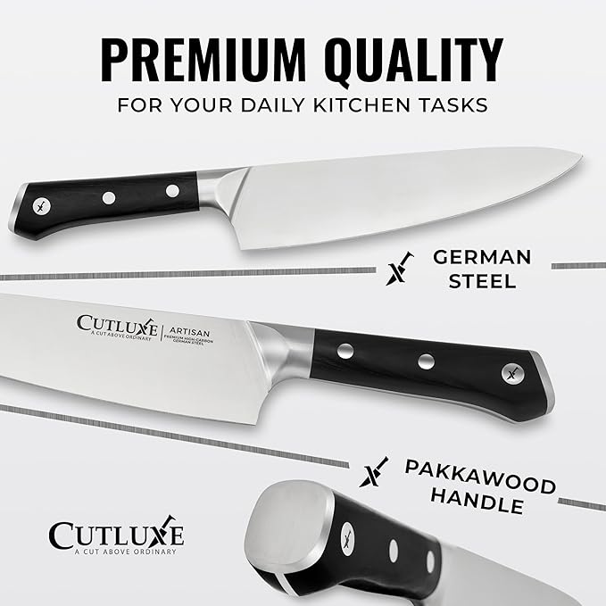Cutluxe 15-Piece Knife Set ??Premium Rubberwood Wood Block ??Knife Set for Kitchen, Ultra Sharp High Carbon German Stainless Steel, Full Tang ??Artisan Series
