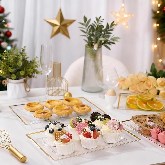 FOCUSLINE 8 PCS Plastic Serving Trays for Party, Clear and Gold Rim Serving Platters and Trays, Premium Plastic Fruit Tray, Disposable Platters for Cupcake, Dessert, Appetizers