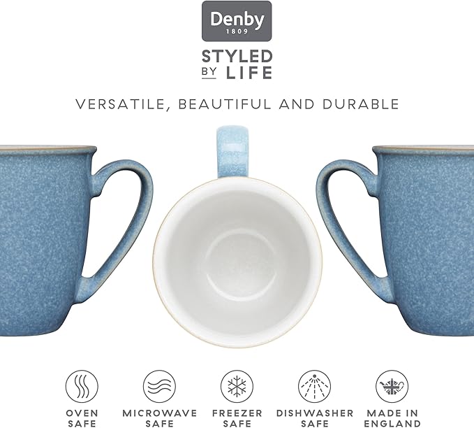 Denby - Elements Blue Large Coffee Mug Set of 4-11.15 Ounce Stoneware Tea Mug Set For Office & Home - Dishwasher Safe, Microwave Safe - Ceramic Tea Cups With Blue White Glaze
