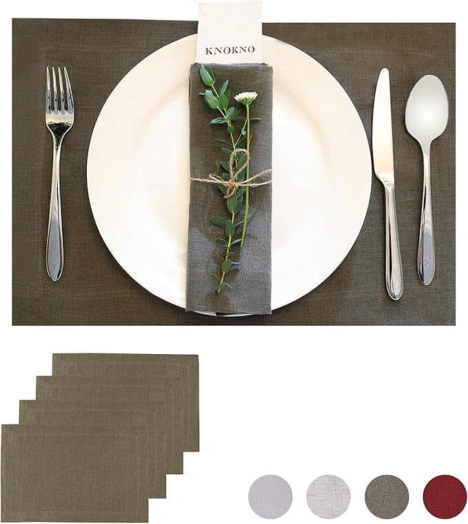 KNOKNO Home Pure Hemp Placemats 18 x 12 Inch Set of 4 Handcrafted with Mitered Corners Natural Fabric,Machine Washable Table Mats for Dining Tables (Moss Green, Placemats | Set of 4)