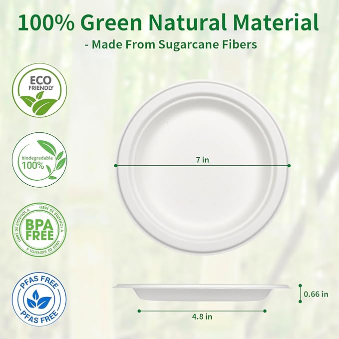Aricsen 50 Pack 7 Inch Compostable Disposable Round Paper Plates, Natural White Biodegradable Sugarcane Bagasse PFAS-Free Eco-Friendly Dinner Plates for Party Wedding Picnic BBQ (50, 7 INCH)