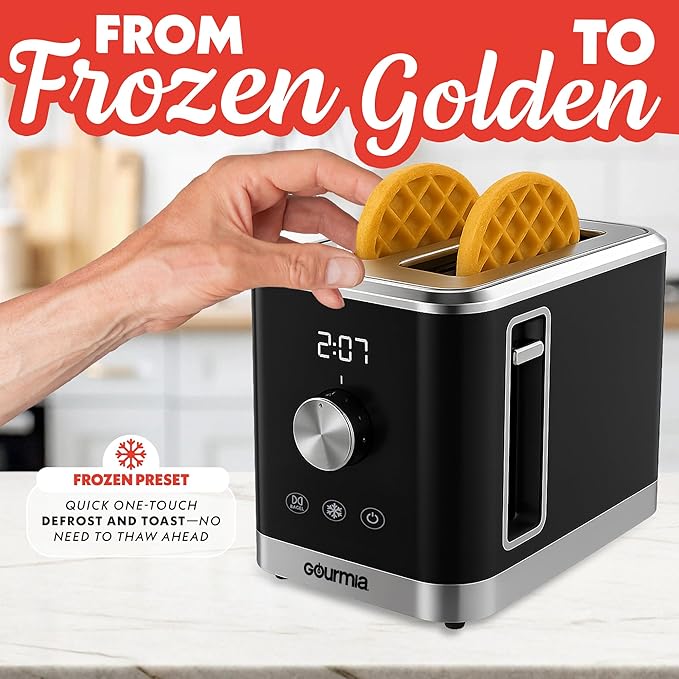 Gourmia 2 Slice Toaster ??6 Browning Levels with Bagel and Defrost Mode, One-Touch Toasting, Removable Crumb Tray, Extra Wide Slots, Compact Design, Black