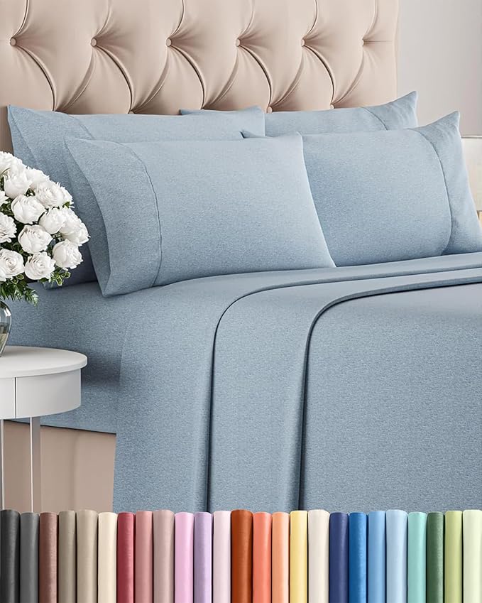 Cal King 6 Piece Sheet Set - Cooling & Breathable Bed Sheets - Hotel Luxury Bed Sheets for Women, Men, Kids & Teens - Deep Pockets - Easy Fit - Soft and Wrinkle Free - Cal King Heathered Blue Sheets