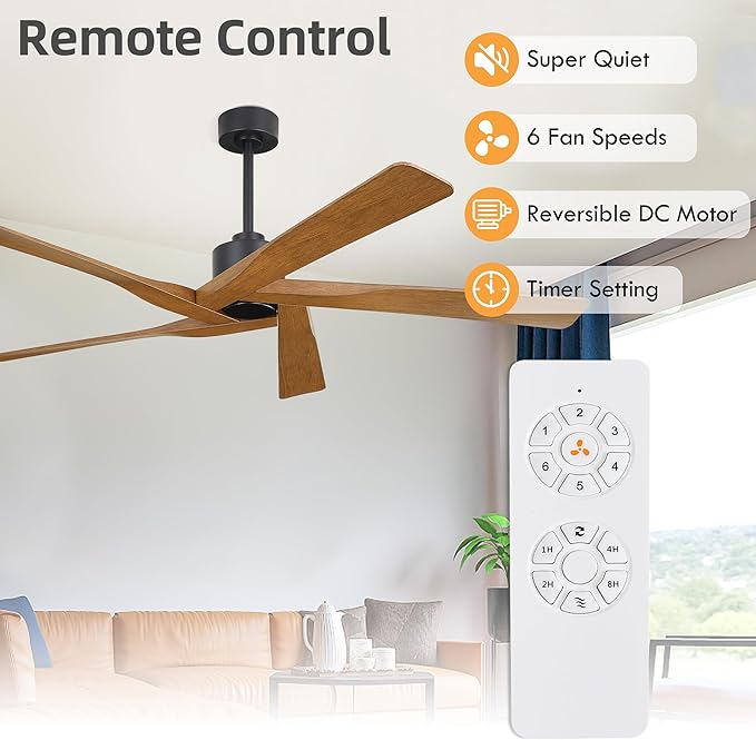 WINGBO 54" ABS DC Ceiling Fan No Light, 5 Blade Wood Grain ABS Ceiling Fan with Remote, 6-Speed Reversible DC Motor, Ceiling Fans without Light for Kitchen Bedroom Living Room, Matte Black and Walnut