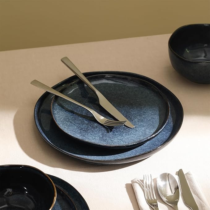 Stone Lain Mirella 24-Piece Stoneware Dinnerware Set, Service for 8 ??Reactive Glaze, Deep Blue ??Includes Dinner Plates, Salad Plates, and Bowls ??Modern Organic Design