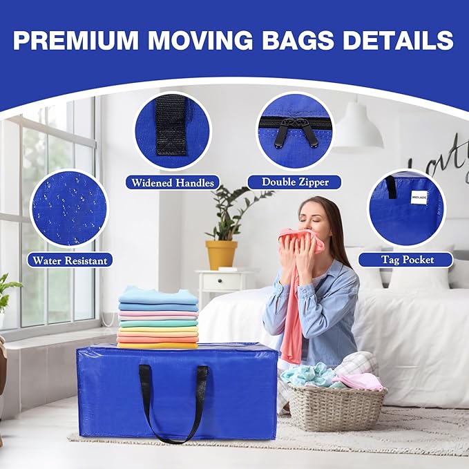 12 Pack Moving Bags Heavy Duty Extra Large Storage Bags with Zippers, Handles, Backpack Straps Packing Bag for Moving College Dorm Room Essentials, Camping, Travel, Clothes 93 L 25 Gallons (Blue)