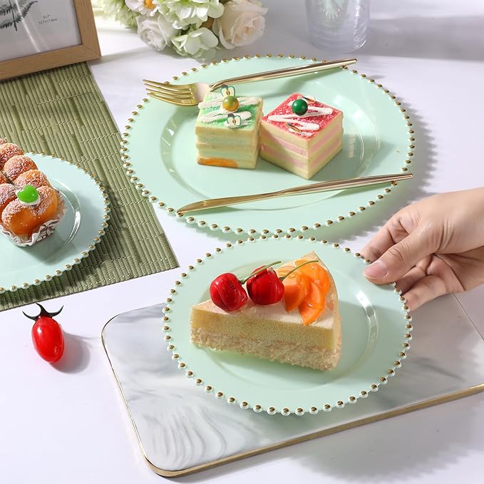 EI 60pcs Green Plastic Plates with Gold Rim,Disposable Plastic Plates Heavy Duty for Party,Sage Green and Gold Dessert/Dinner Plate for Birthday,Afternoon Tea,Wedding,Spring,Valentine's Day,Easter