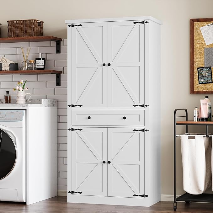 Pantry Organizers and Storage Cabinet, 70??Barn Door White Kitchen Cabinet with Drawers and Adjustable Shelf, Tall Pantry for Kitchen, Dining Room, Living Room Bedroom