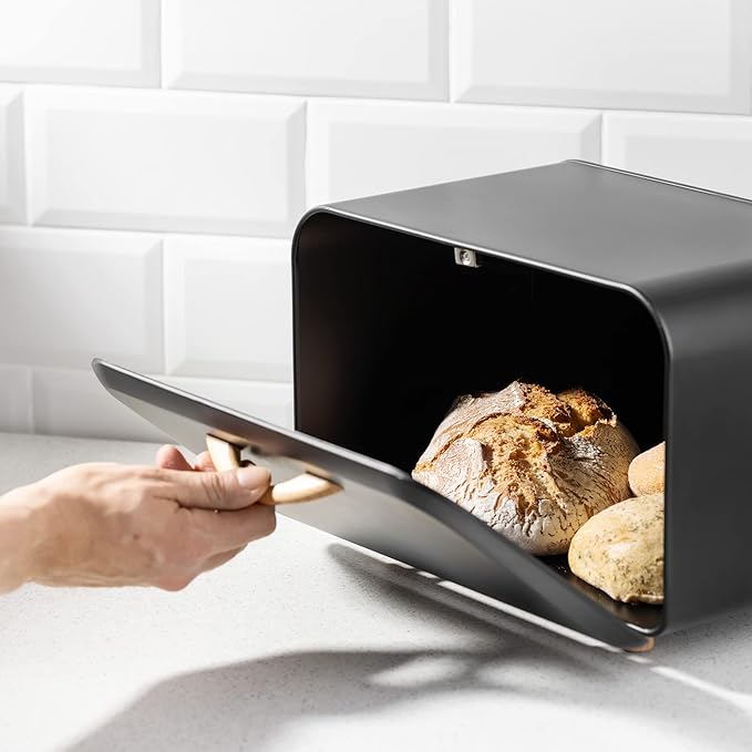 Navaris Bread Box - Metal Bread Bin Storage Tin with Front Opening Drop Down Door for Kitchen Counter or Shelf - Breadbox Storage Container - Black