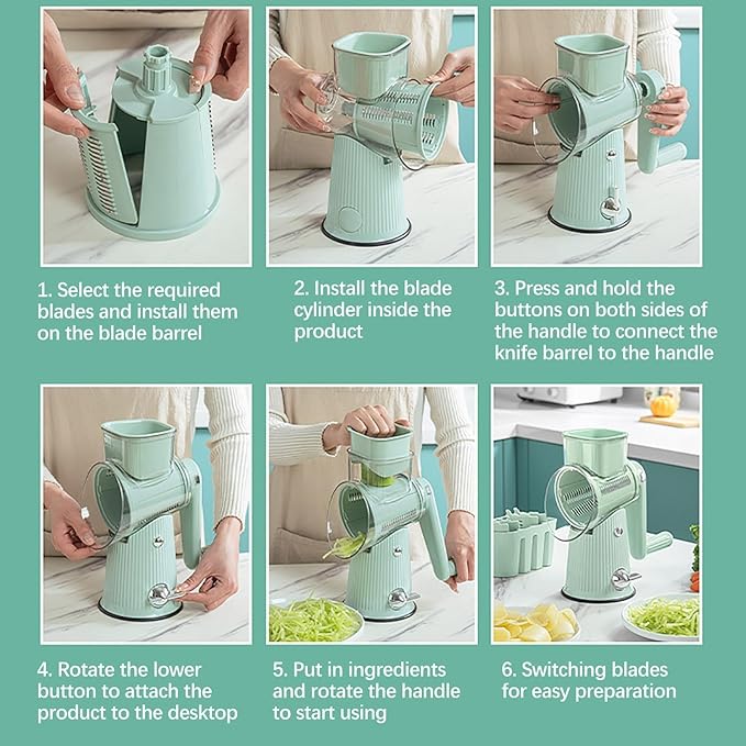 BSFRNF 5 In 1 Rotary Cheese Grater Vegetable Slicer for Kitchen, Carrot Shredder Tool-Food Shredders with 5 Sets Interchangeable Blades And Strong Suction Base (Green)