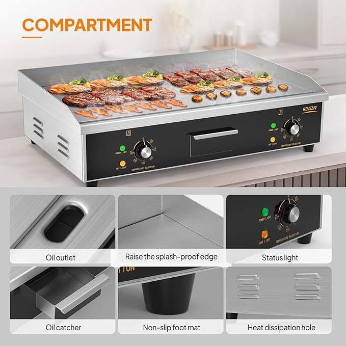 ROVSUN 30" Electric Countertop Flat Top Griddle, 3000W Electric Griddle, Teppanyaki Grill Stainless Steel with Adjustable Temperature Control 122째F-572째F for Commercial Home Restaurant, Plug
