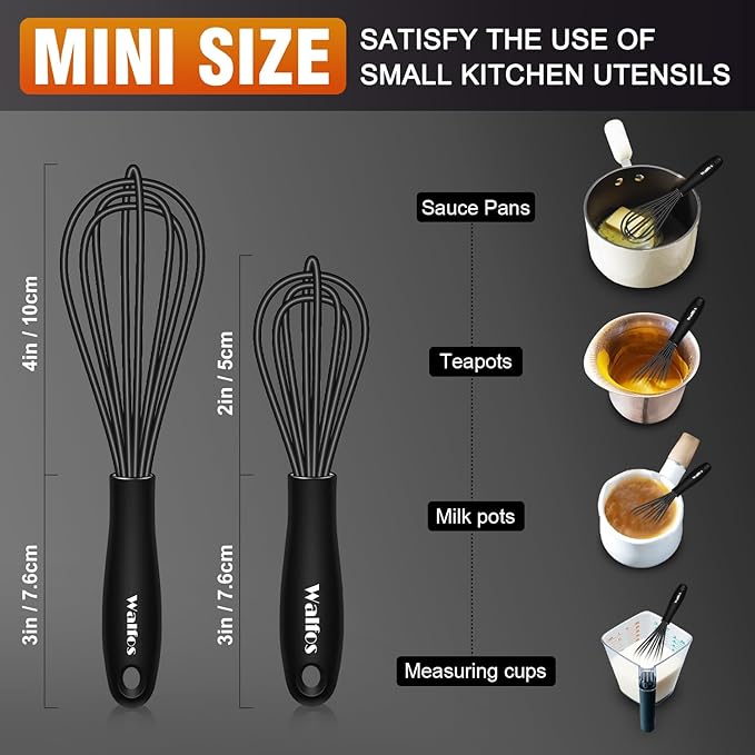 Walfos Whisk 5+7in/12cm+17cm Mini Whisk,Silicone Whisks Non Scratch Heat Resistant (480째F). Nice for stirring individual eggs and mixing small amounts of powder and sauce.Dishwasher Safe.Black